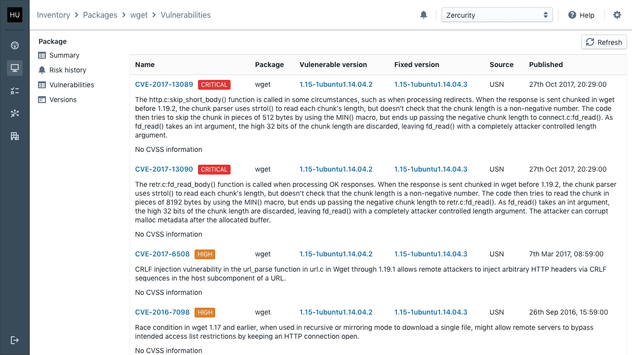 Product screenshot showing the vulnerabilities for a given package. Highlighting the risks that an attacker could exploit to compromise the system.